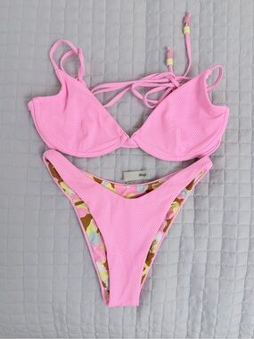 Maaji Reversible Pink Two-Piece Bikini Set in size M (bottom) and L (top)